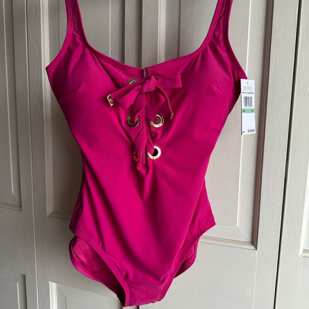 NWT $124 MICHAEL Michael Kors Lace Up Gold grommets 1 PC Swimsuit Size 8